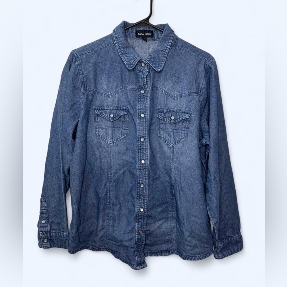 New Look Chambray Snap Button Long Sleeve Collared Top in Blue Size 1X
